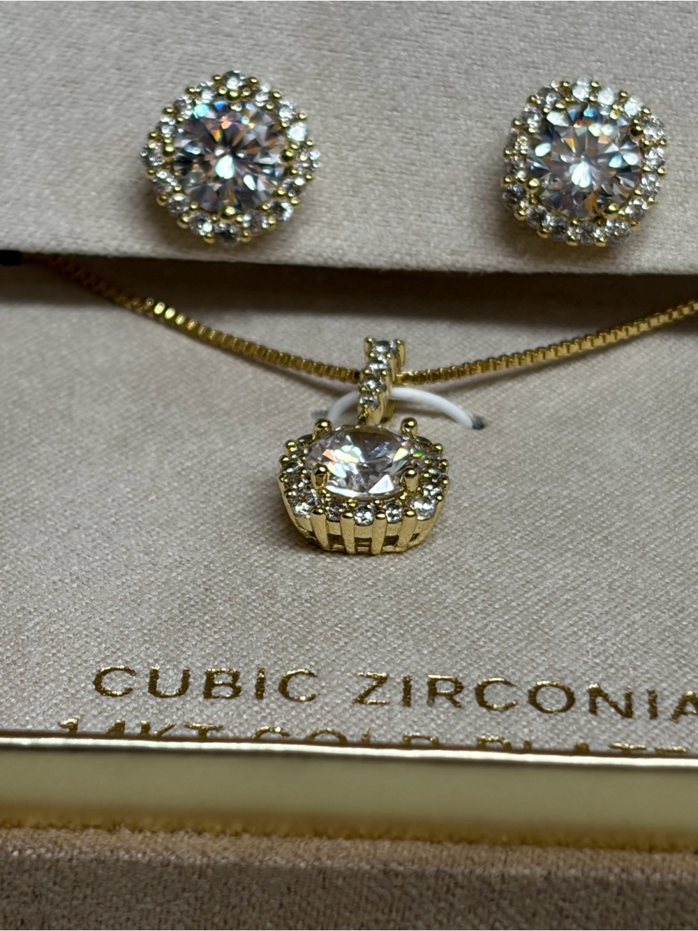 Promrose Gold-Tone Round Cubic Zirconia Pendant & Stud Earrings Set - Clear